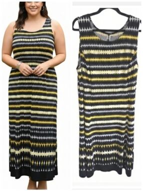 Plus Size Yellow and Black Patterned Sleeveless Dress Women's Plus Size 20W